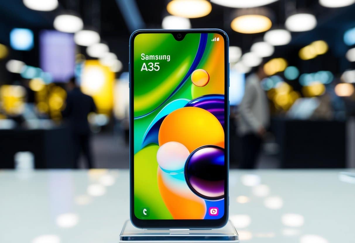 Um telefone Samsung A35 exibido com design elegante e recursos de alta qualidade a um preço acessível.