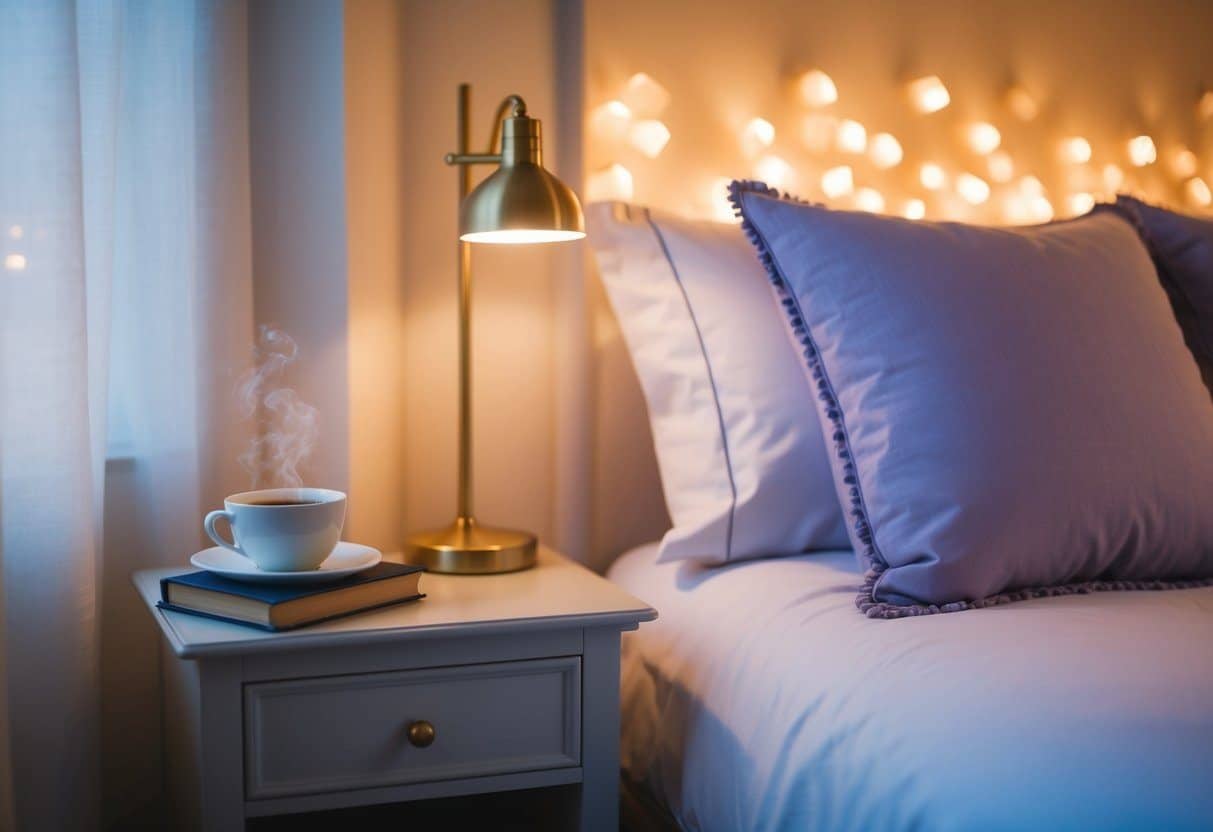 Um quarto tranquilo com iluminação suave e quente. Uma xícara de chá de ervas está em uma mesa de cabeceira ao lado de um livro. Um travesseiro com cheiro de lavanda repousa na cama.