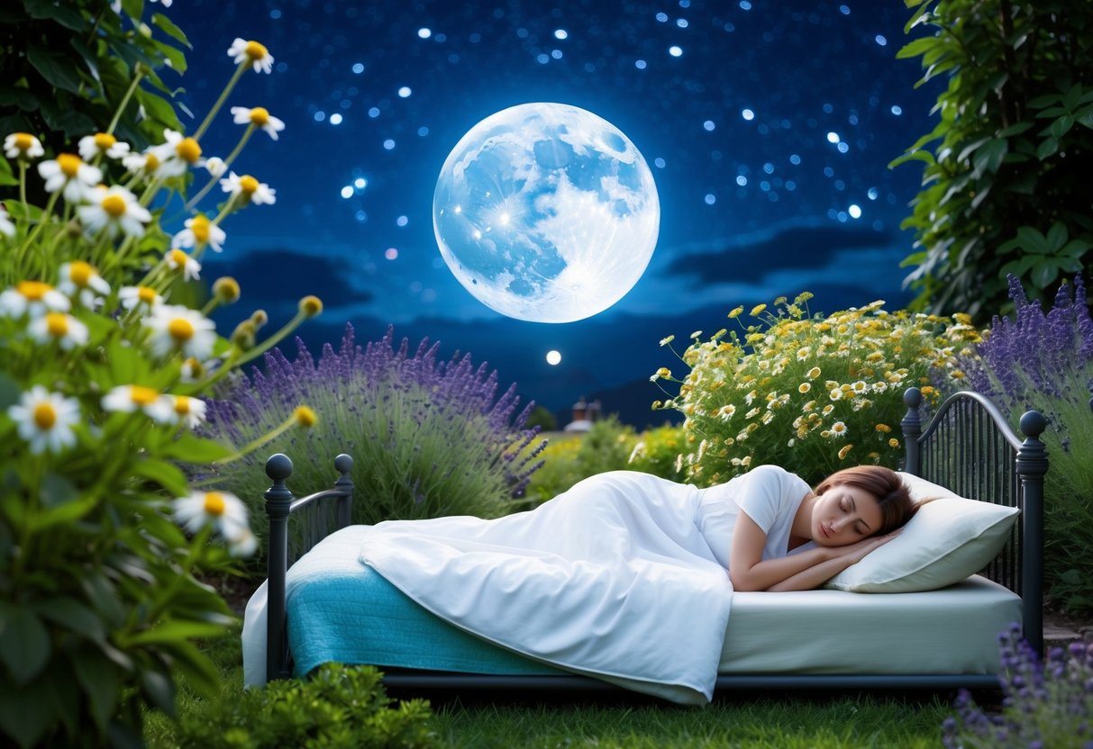 Um sereno jardim iluminado pela lua com plantas de camomila e lavanda, uma cama aconchegante sob um céu estrelado e uma figura pacífica e adormecida