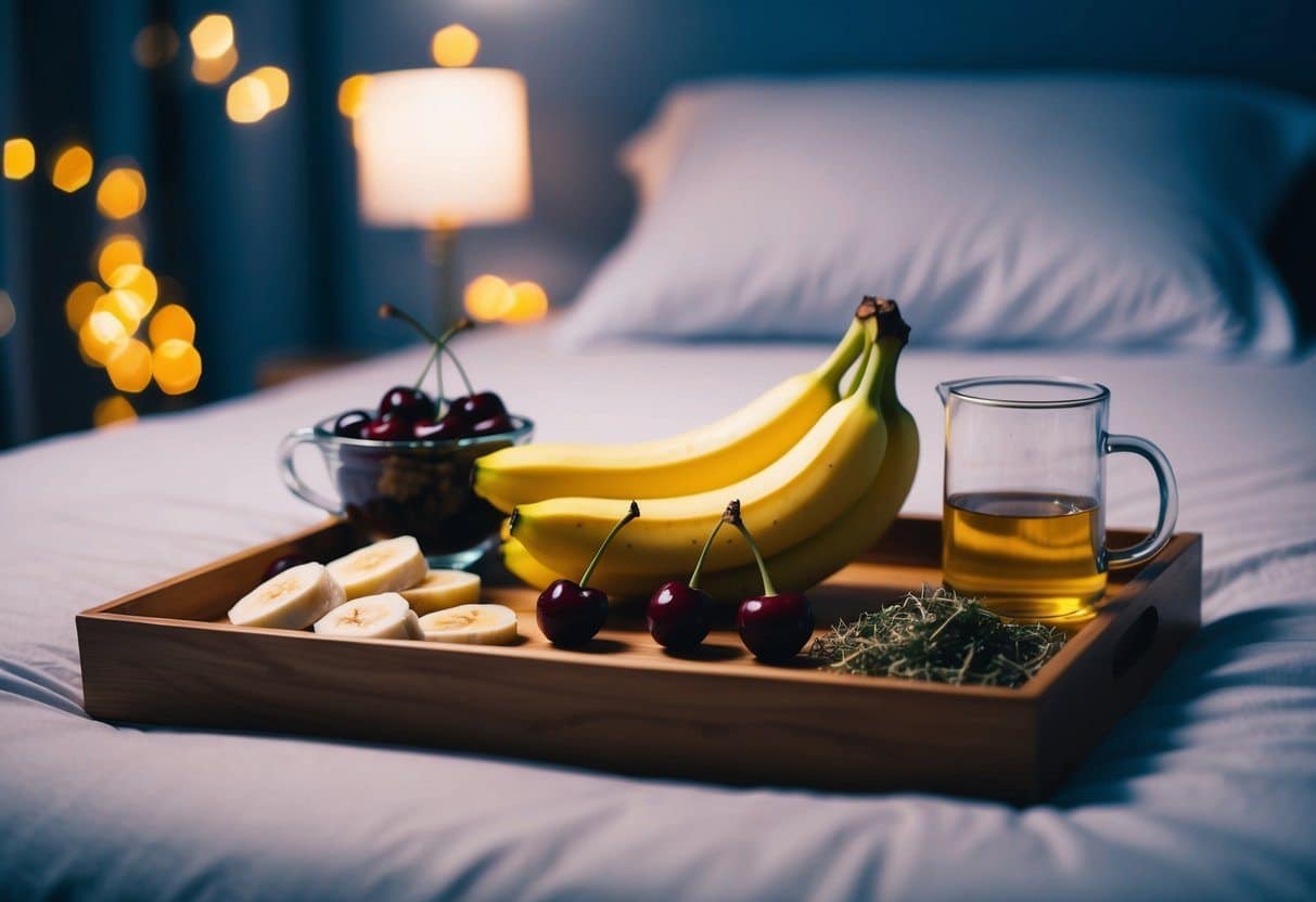 Uma cena noturna serena com uma variedade de alimentos que promovem o sono, como bananas, cerejas e chá de ervas, dispostos em uma mesa de cabeceira.