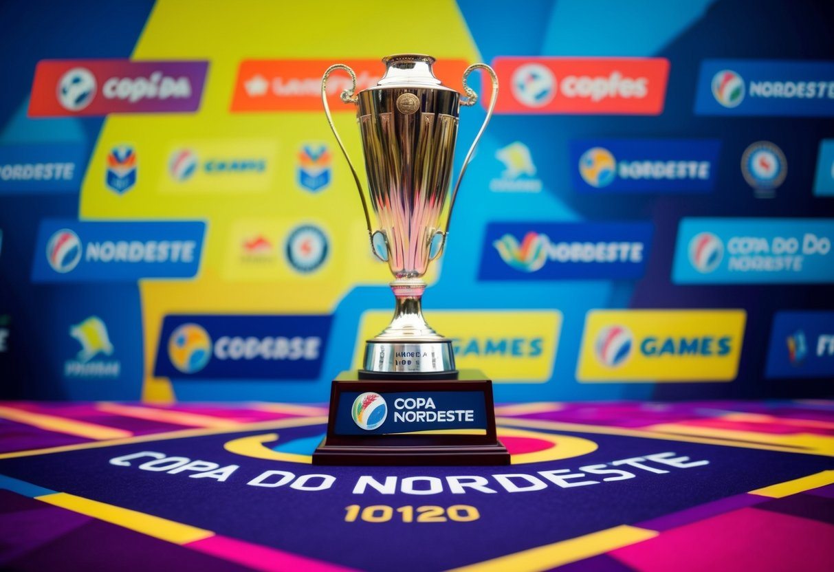 O formato atual dos jogos da Copa do Nordeste, com os logotipos das equipes e o troféu do torneio exibidos em um fundo vibrante