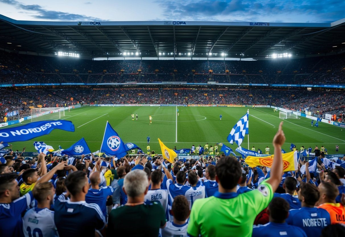 Um estádio de futebol lotado durante uma partida da Copa do Nordeste, com torcedores agitando bandeiras e faixas de seus clubes favoritos.