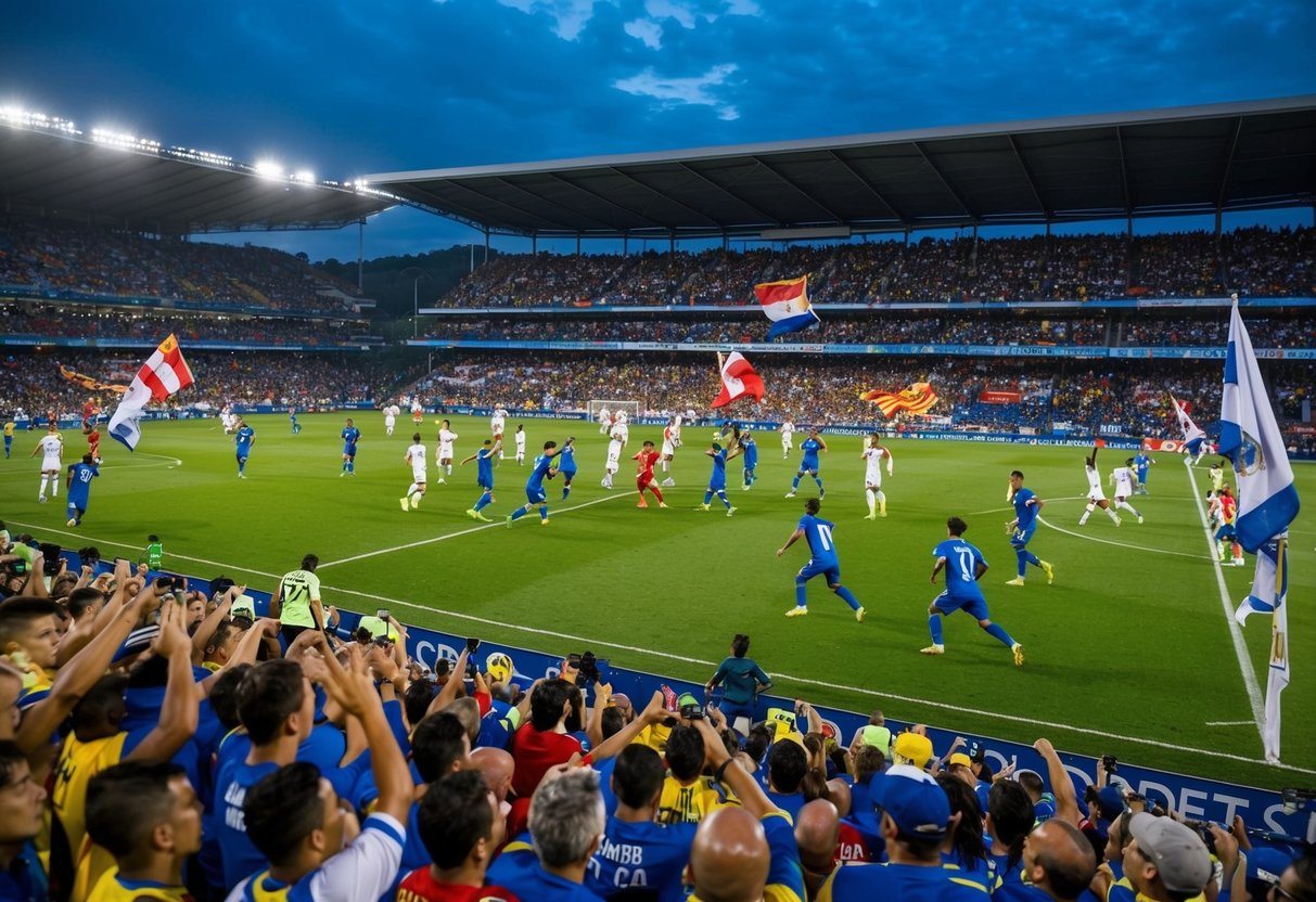 Um estádio lotado com torcedores vibrando, bandeiras tremulando e jogadores lutando em campo durante uma partida da Copa do Nordeste.