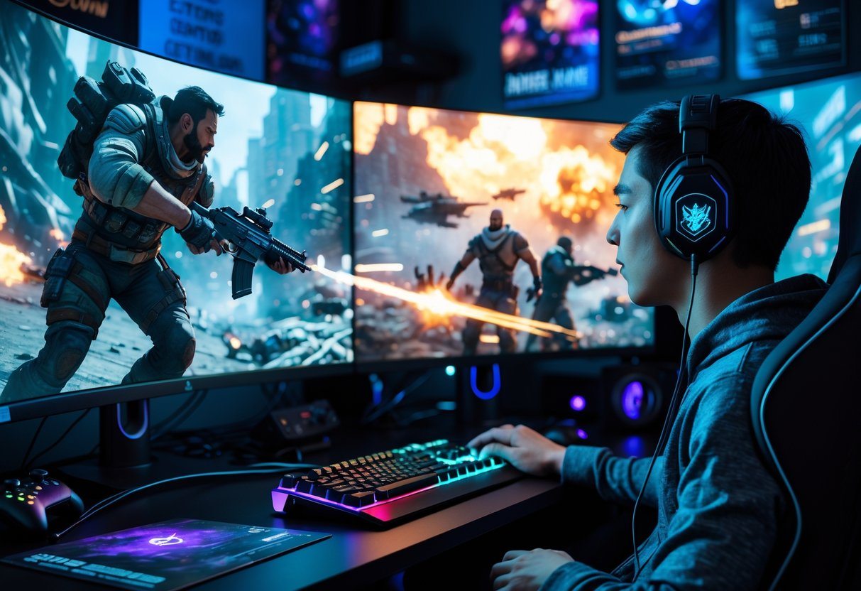 Um gamer concentrado jogando em um computador potente com vários monitores exibindo uma cena de jogo de videogame de alta qualidade.