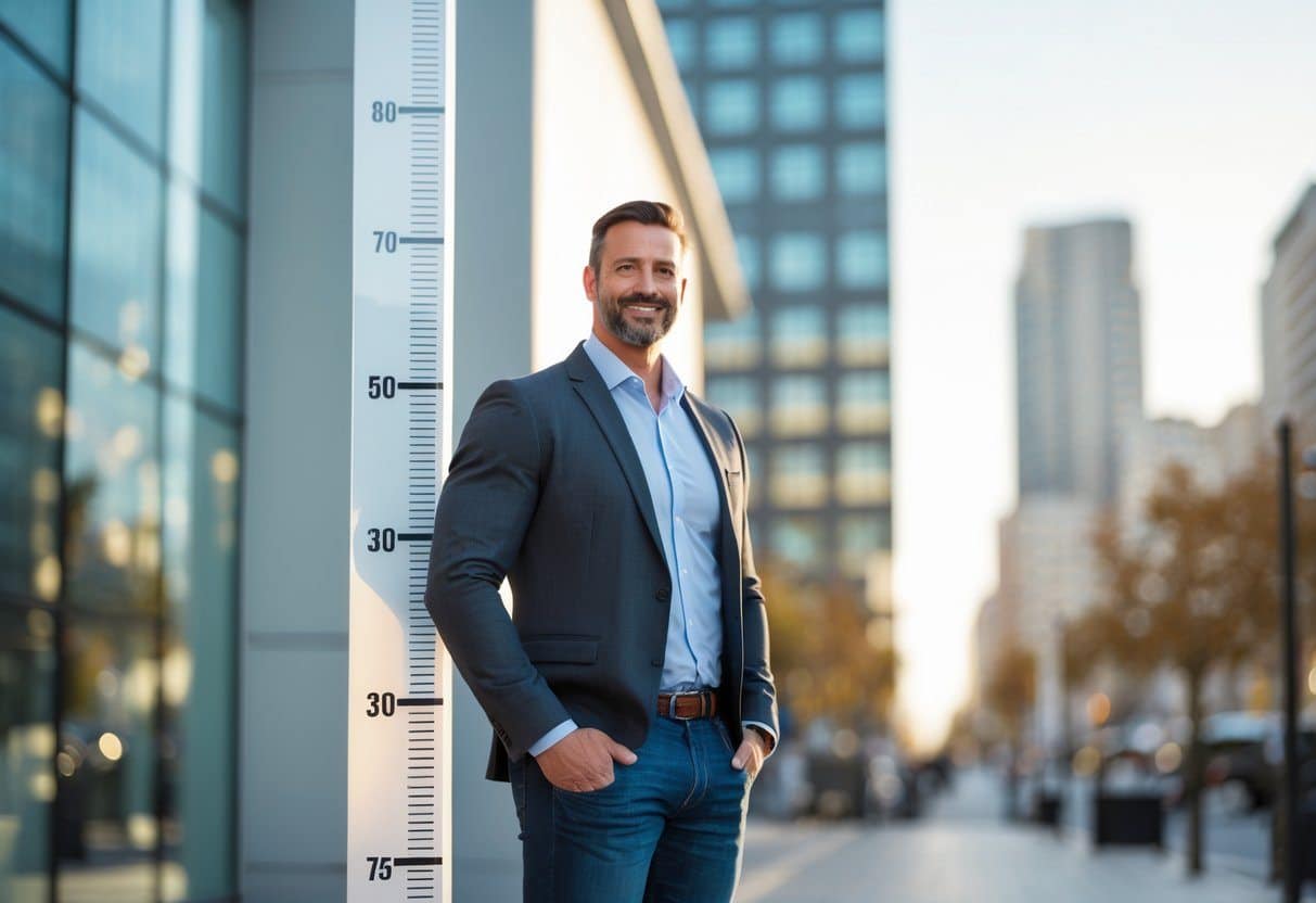 Homem alto e confiante em ambiente urbano moderno durante o dia.