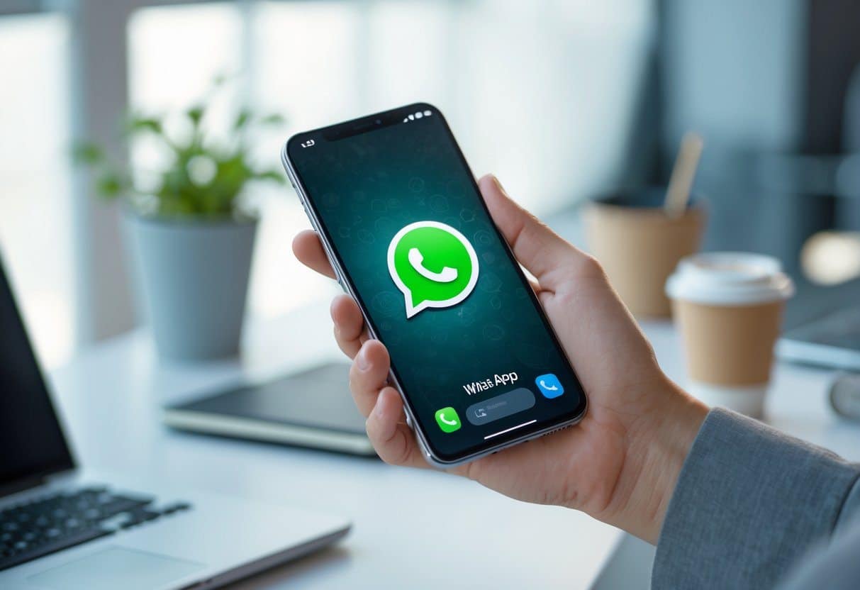 Close-up de uma mão segurando um celular com o compartimento do chip aberto e o ícone do WhatsApp visível na tela, sobre uma mesa de escritório com laptop e café ao fundo.