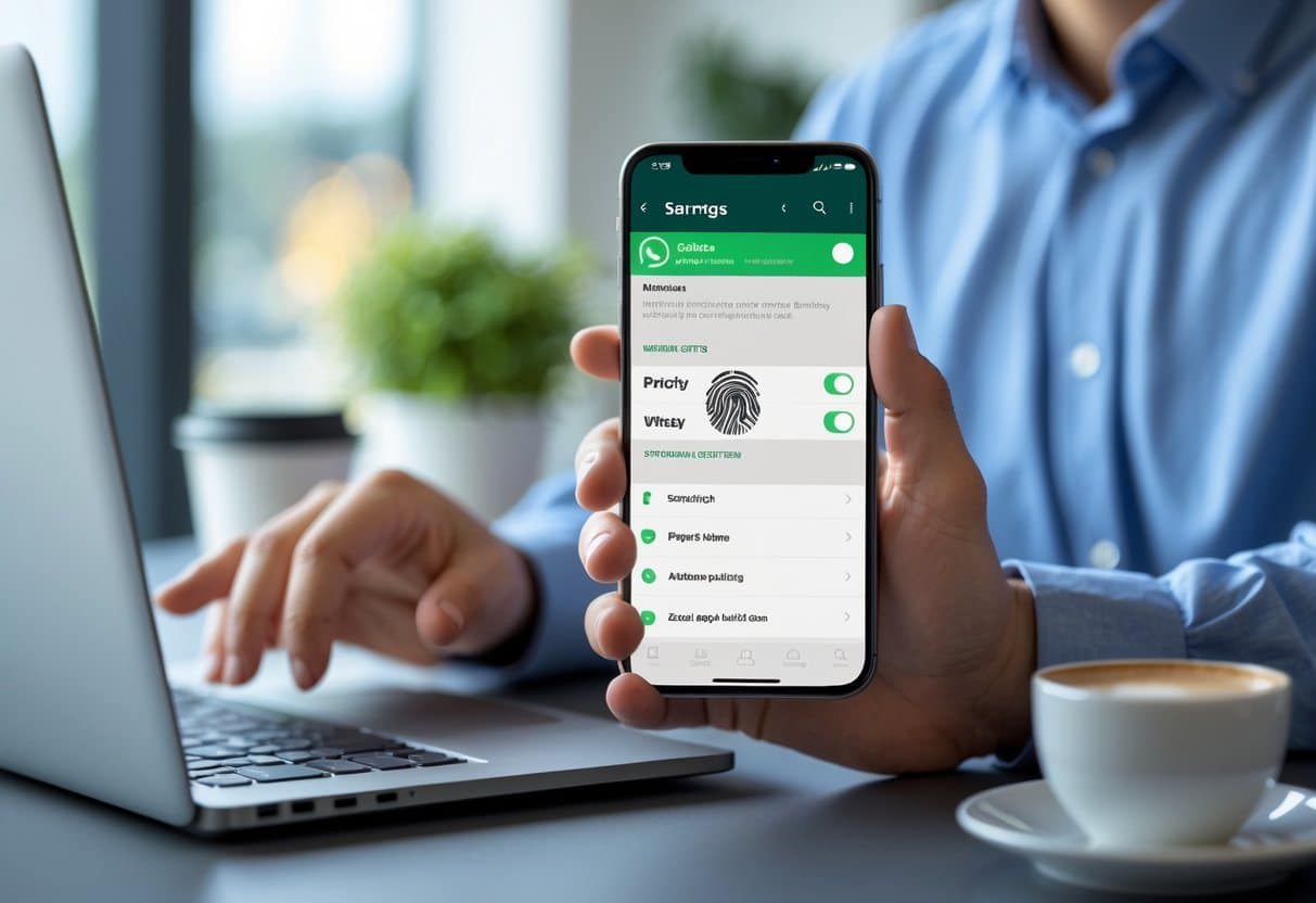 Pessoa usando um smartphone com o aplicativo WhatsApp aberto, acessando as configurações de privacidade.