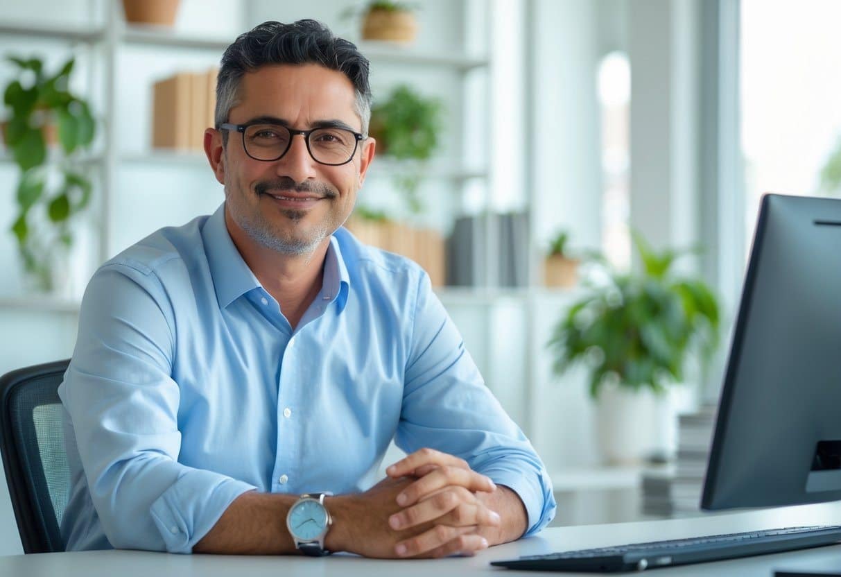 Homem de meia-idade sentado em uma mesa de escritório moderno, com expressão amigável e ambiente iluminado.