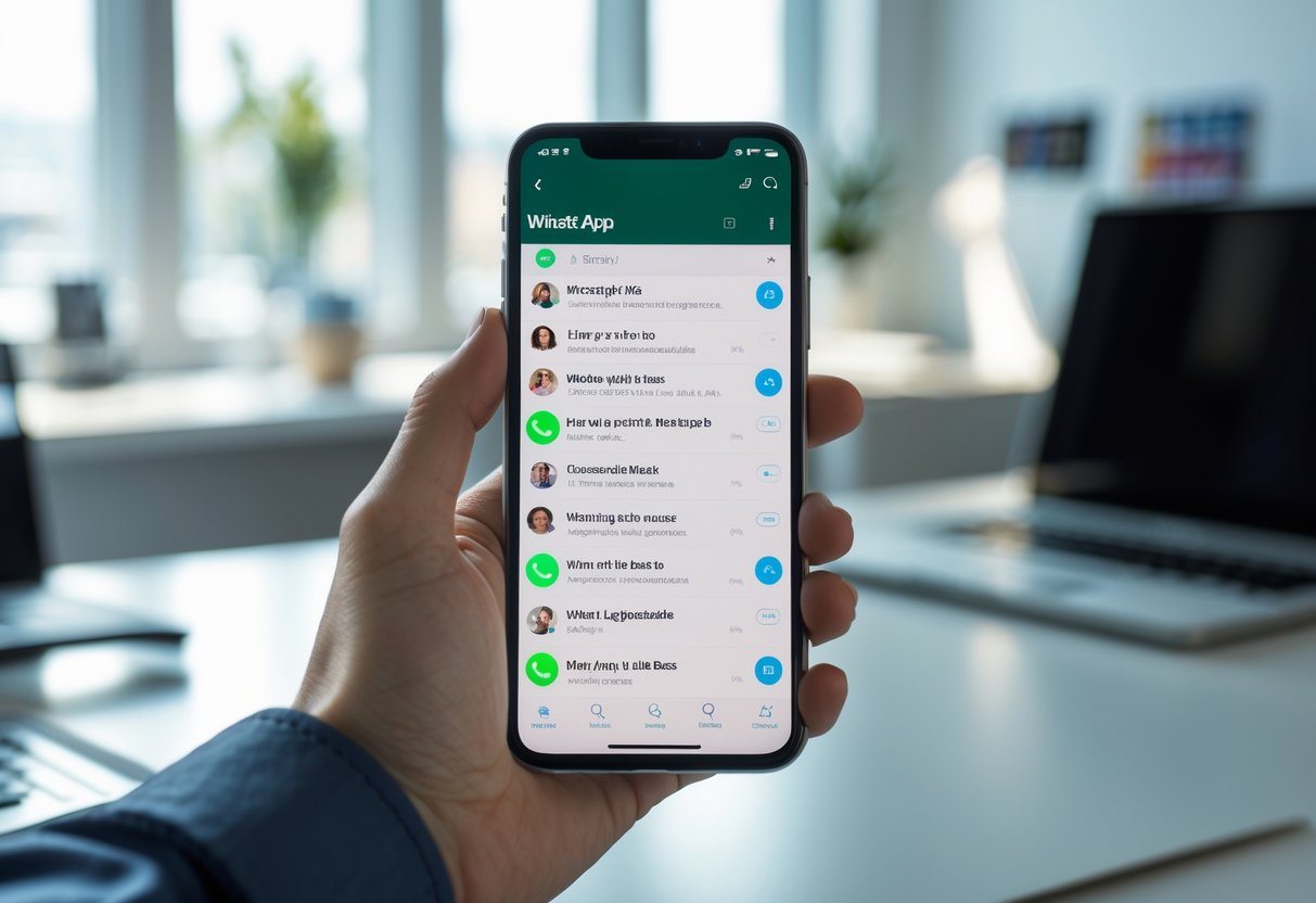 Pessoa segurando um smartphone com a tela do aplicativo WhatsApp aberta em um ambiente de escritório.