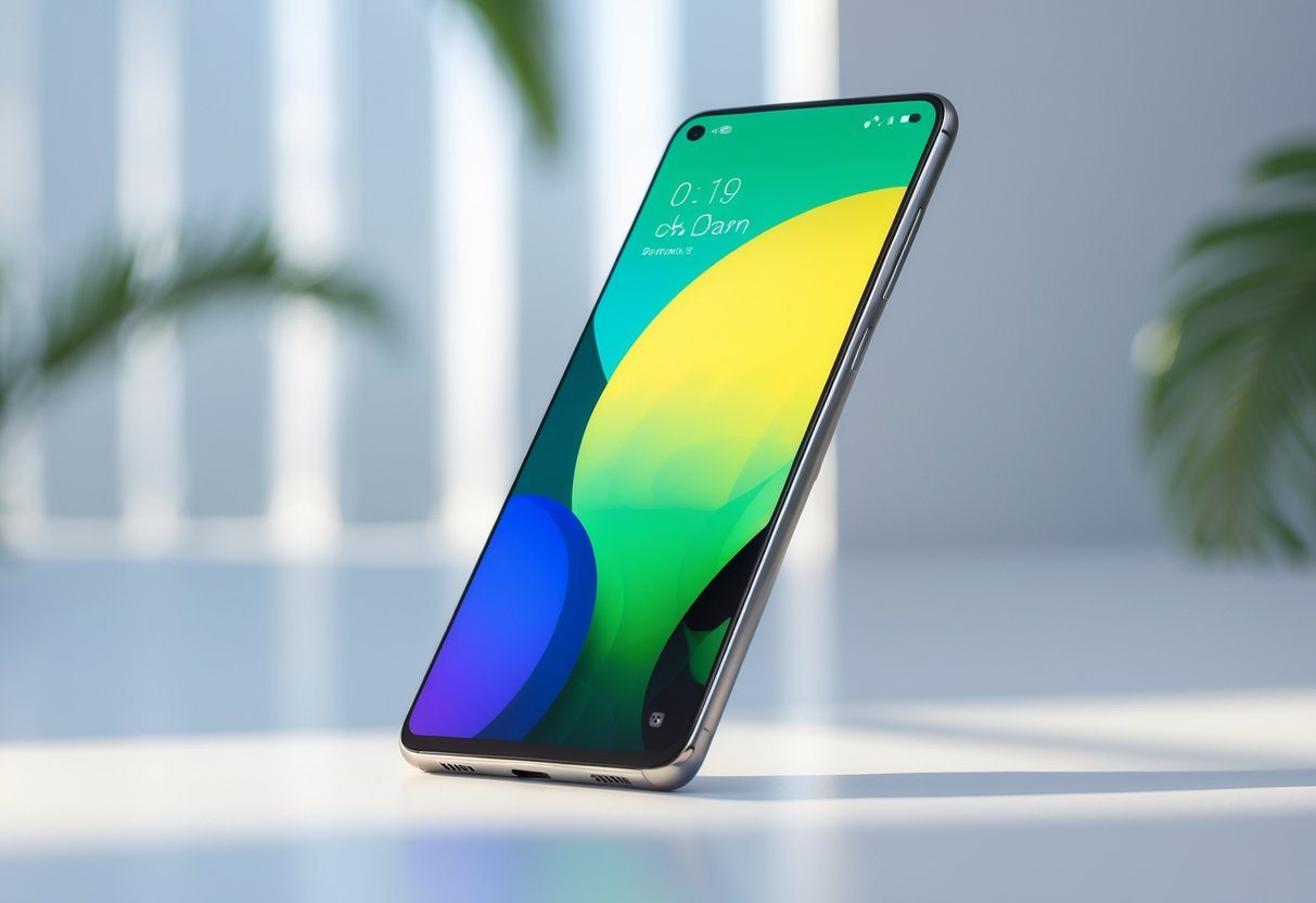 Um smartphone moderno brasileiro sobre uma superfície clara, mostrando a tela colorida com um fundo abstrato nas cores verde, amarelo e azul.