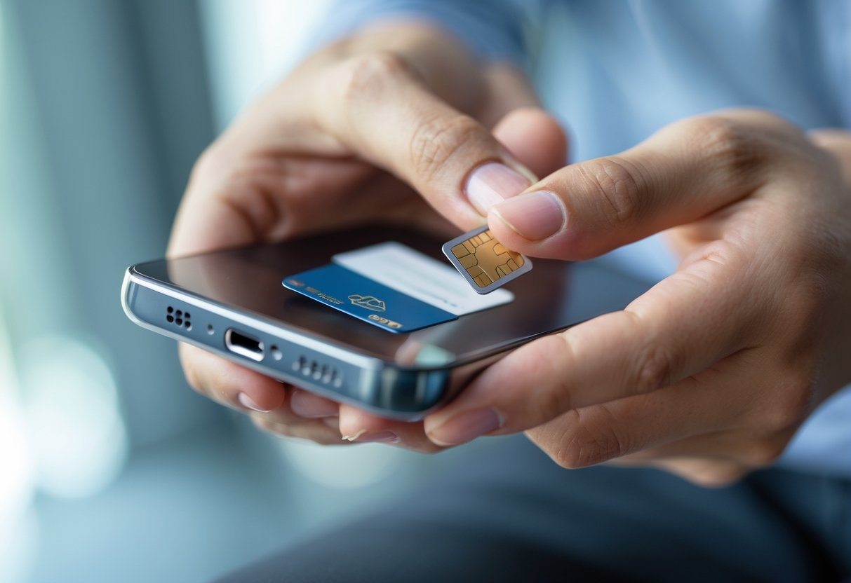 Pessoa segurando um smartphone com o compartimento do chip parcialmente aberto, focando no chip SIM.