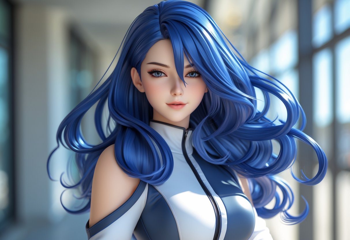 Personagem feminina com cabelo longo em um cenário urbano iluminado pela luz natural.