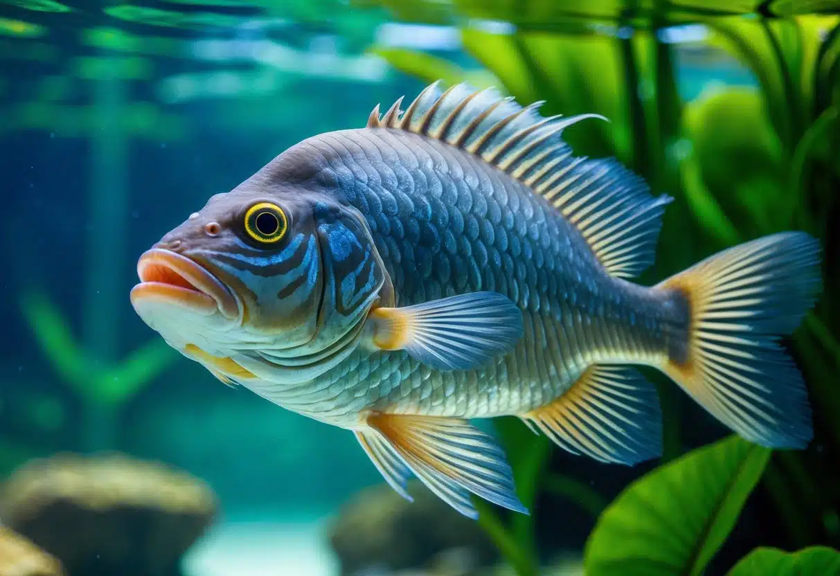 Um grande peixe pirarucu nadando em água doce clara com plantas aquáticas ao redor.