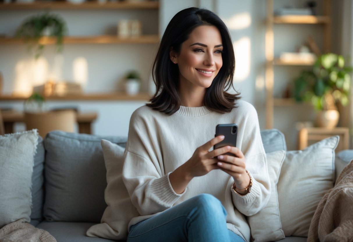 Mulher sorrindo sentada em uma sala de estar moderna, segurando um smartphone.