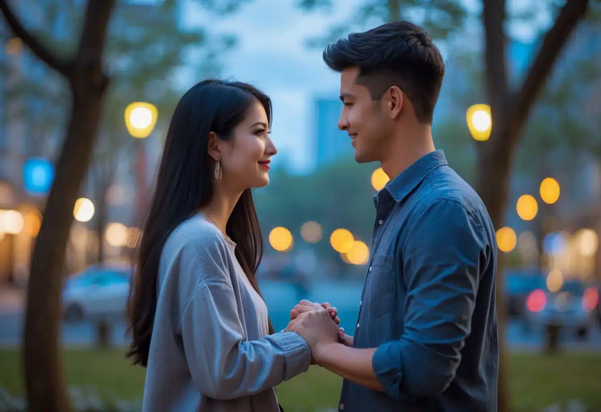 Um homem e uma mulher jovens estão de mãos dadas em um parque urbano ao entardecer, olhando um para o outro com expressões carinhosas.