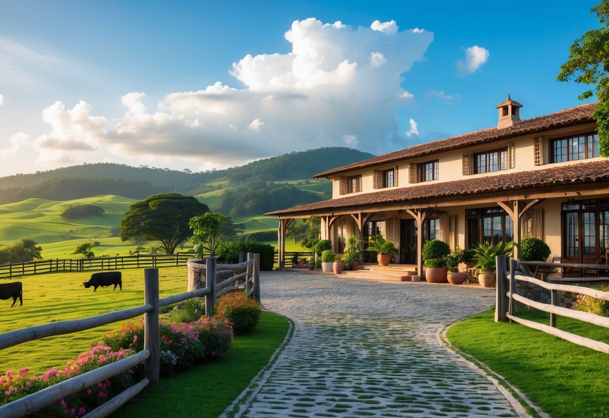 Hotel fazenda rodeado por pastagens verdes e colinas, com vacas pastando e um caminho de pedra levando à entrada principal.