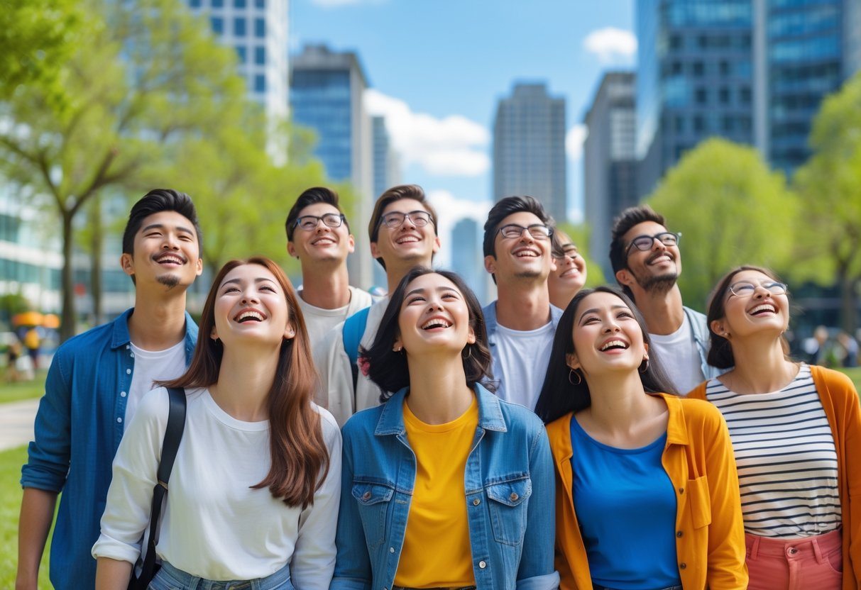 Grupo de jovens diversos sorrindo e olhando para cima em um parque urbano ensolarado.