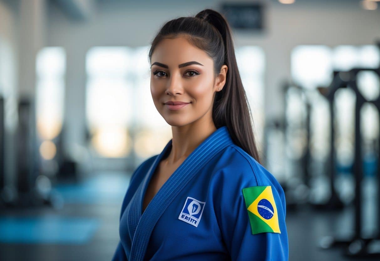 Mulher jovem e confiante em um ginásio moderno, vestindo um kimono de artes marciais com a bandeira do Brasil na manga.