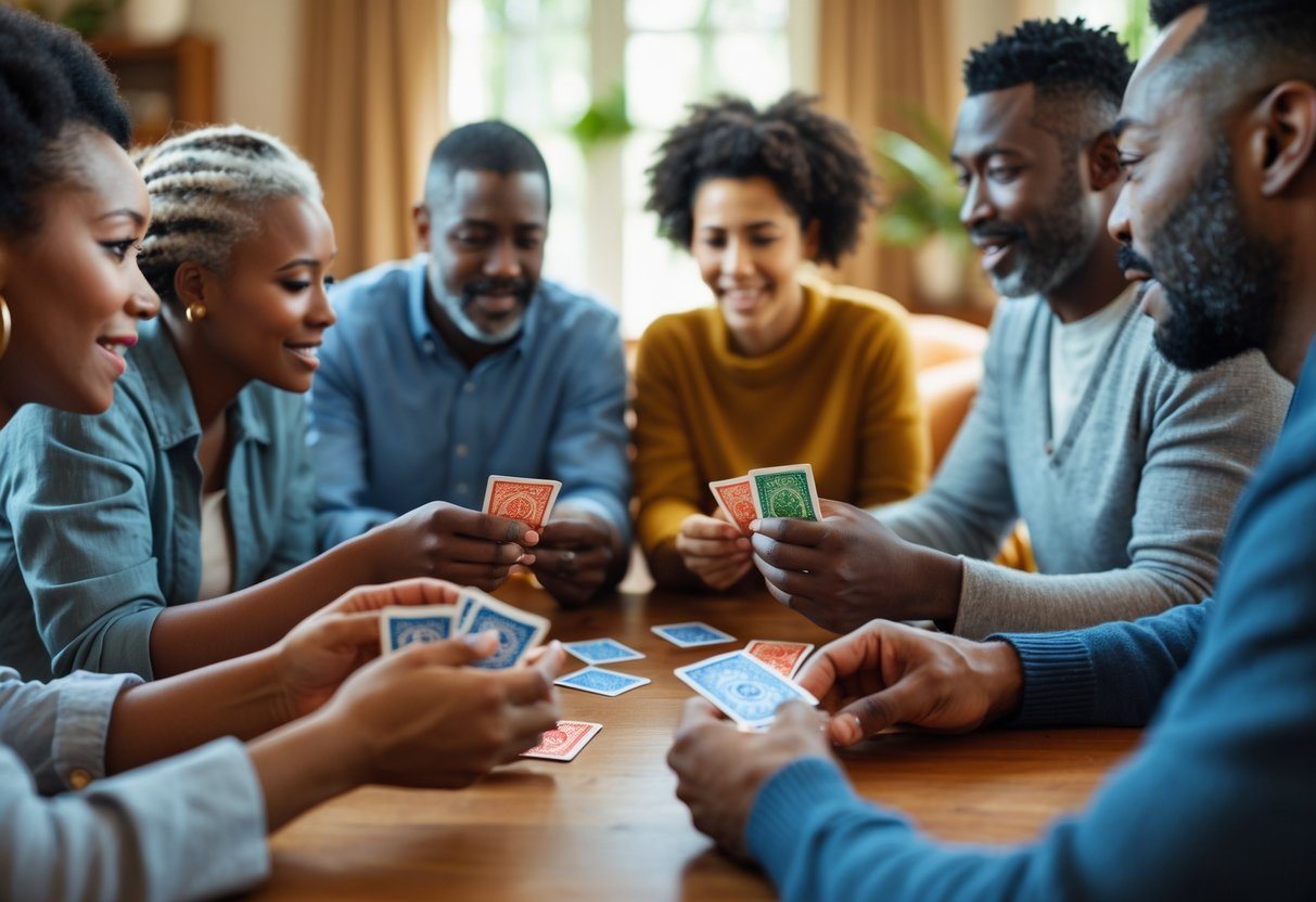Grupo de adultos jogando cartas em uma mesa, com expressões de concentração e surpresa.