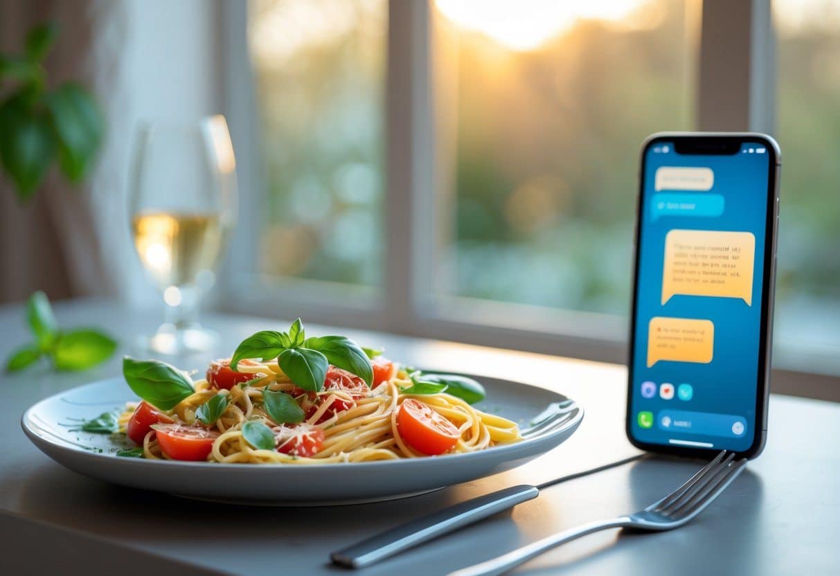 Mesa de jantar moderna com um prato de massa e um smartphone ao lado, em ambiente iluminado e acolhedor.