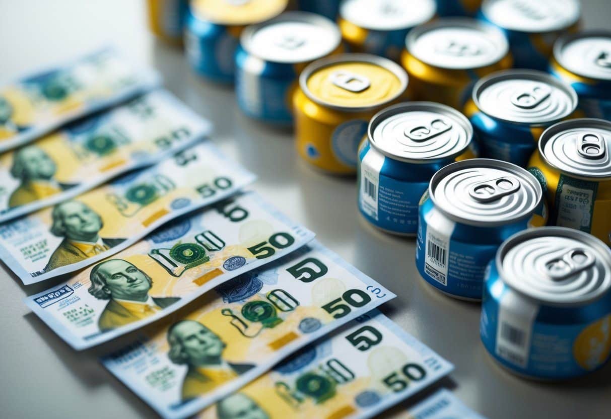 Notas de cinquenta reais ao lado de várias latinhas pequenas organizadas sobre uma superfície neutra.