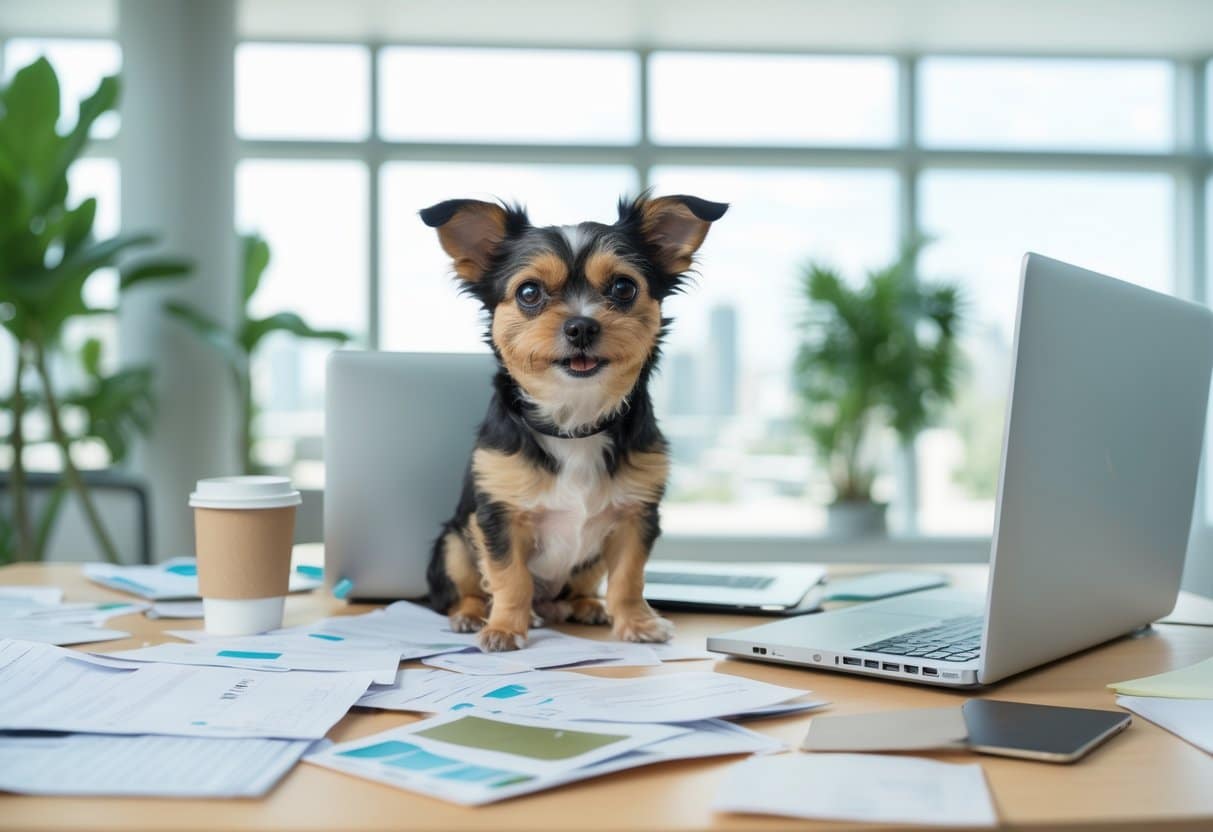 Um cachorro travesso sentado em uma mesa de escritório moderna com papéis espalhados, laptop e xícara de café ao redor.