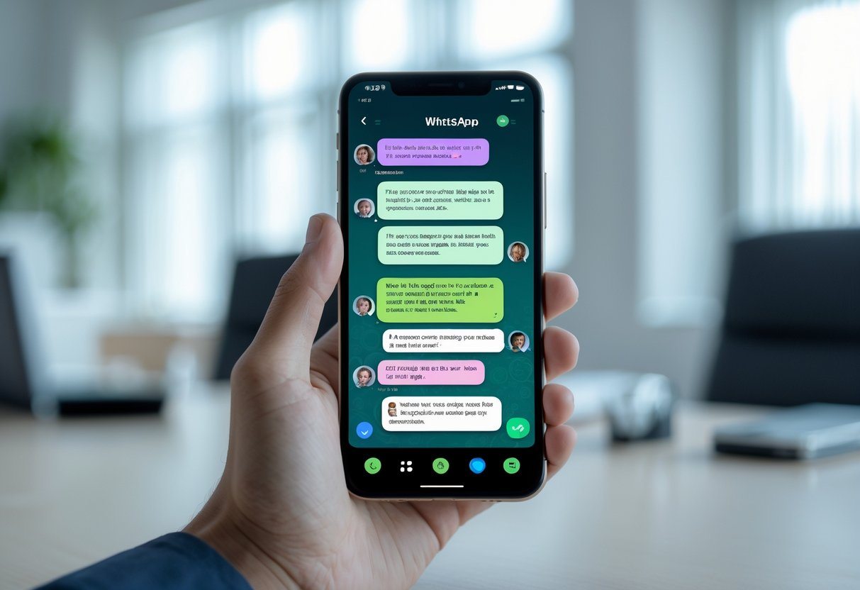 Pessoa segurando um smartphone mostrando uma tela de conversa de aplicativo de mensagens.