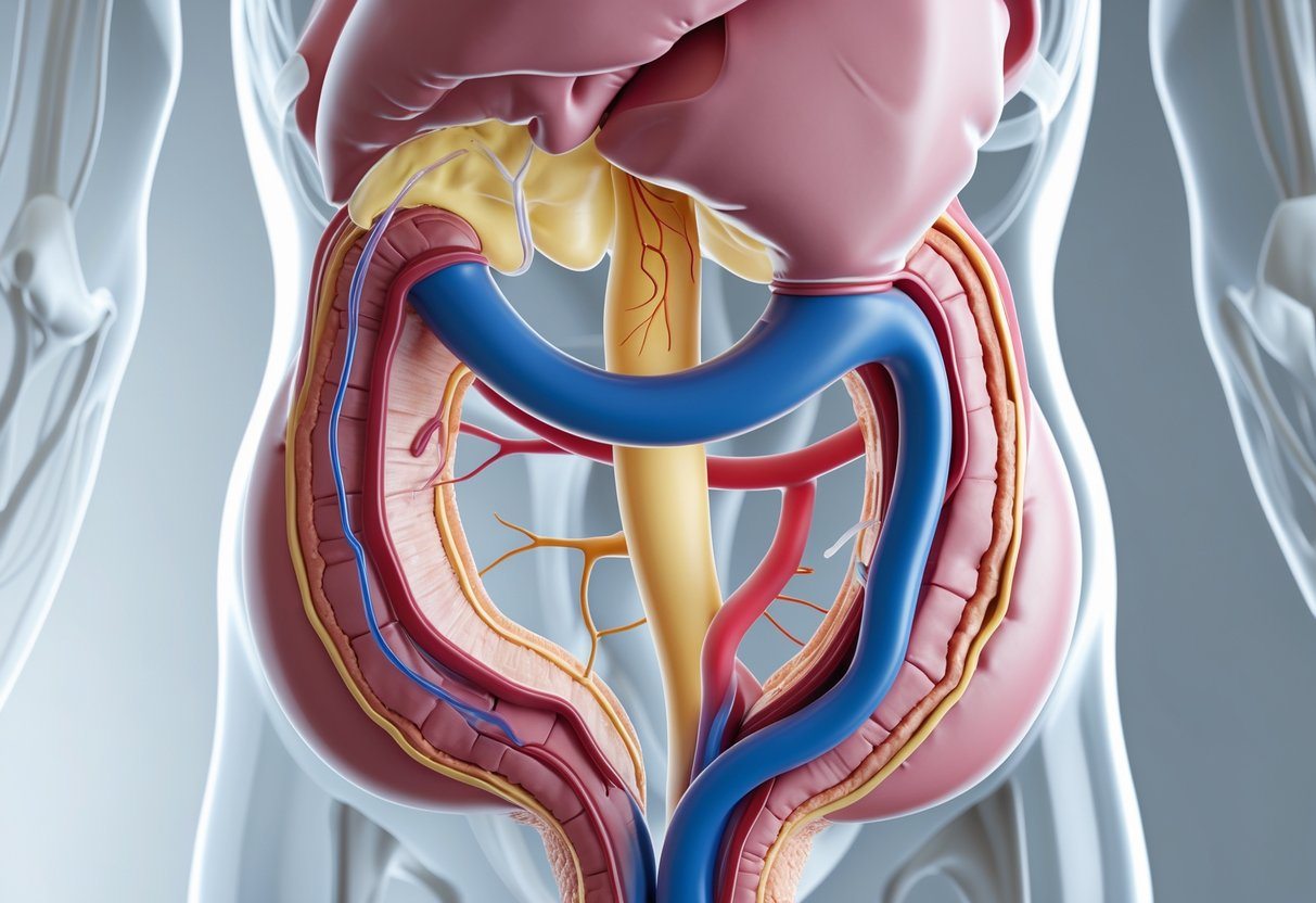 Ilustração médica mostrando o estômago humano com o piloro aberto e desobstruído, destacando a conexão entre o estômago e o duodeno.
