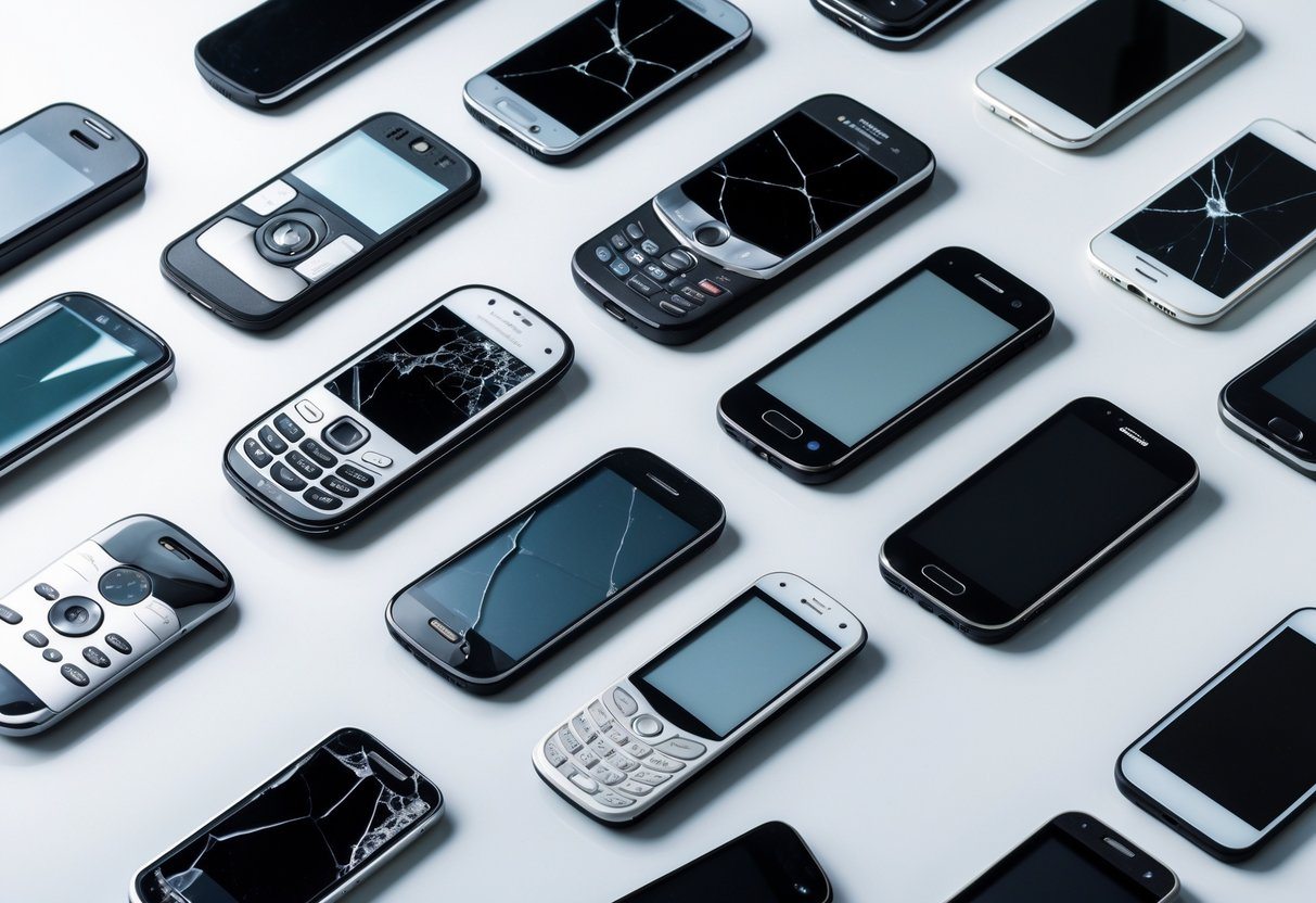Vários celulares antigos e danificados espalhados sobre uma superfície branca, mostrando telas quebradas e botões faltando.