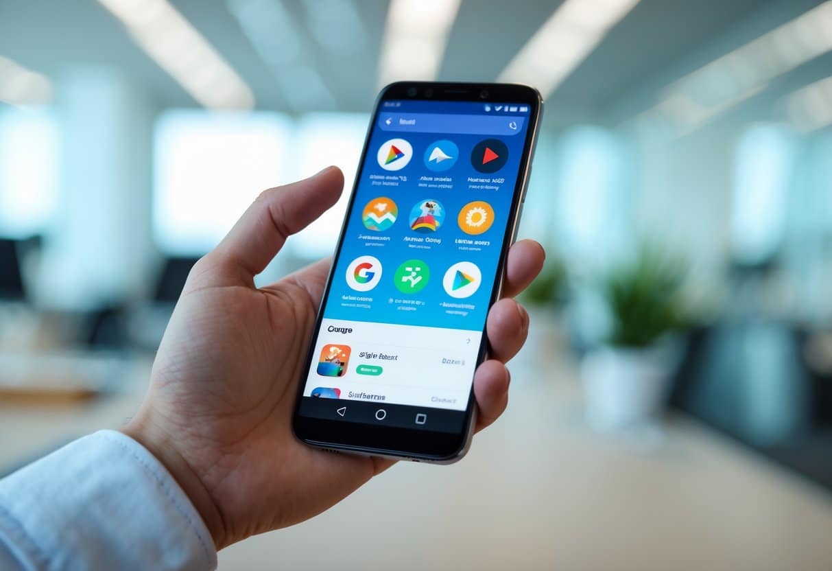 Uma mão segurando um smartphone mostrando a interface da Play Store com ícones de jogos coloridos em um ambiente de escritório.