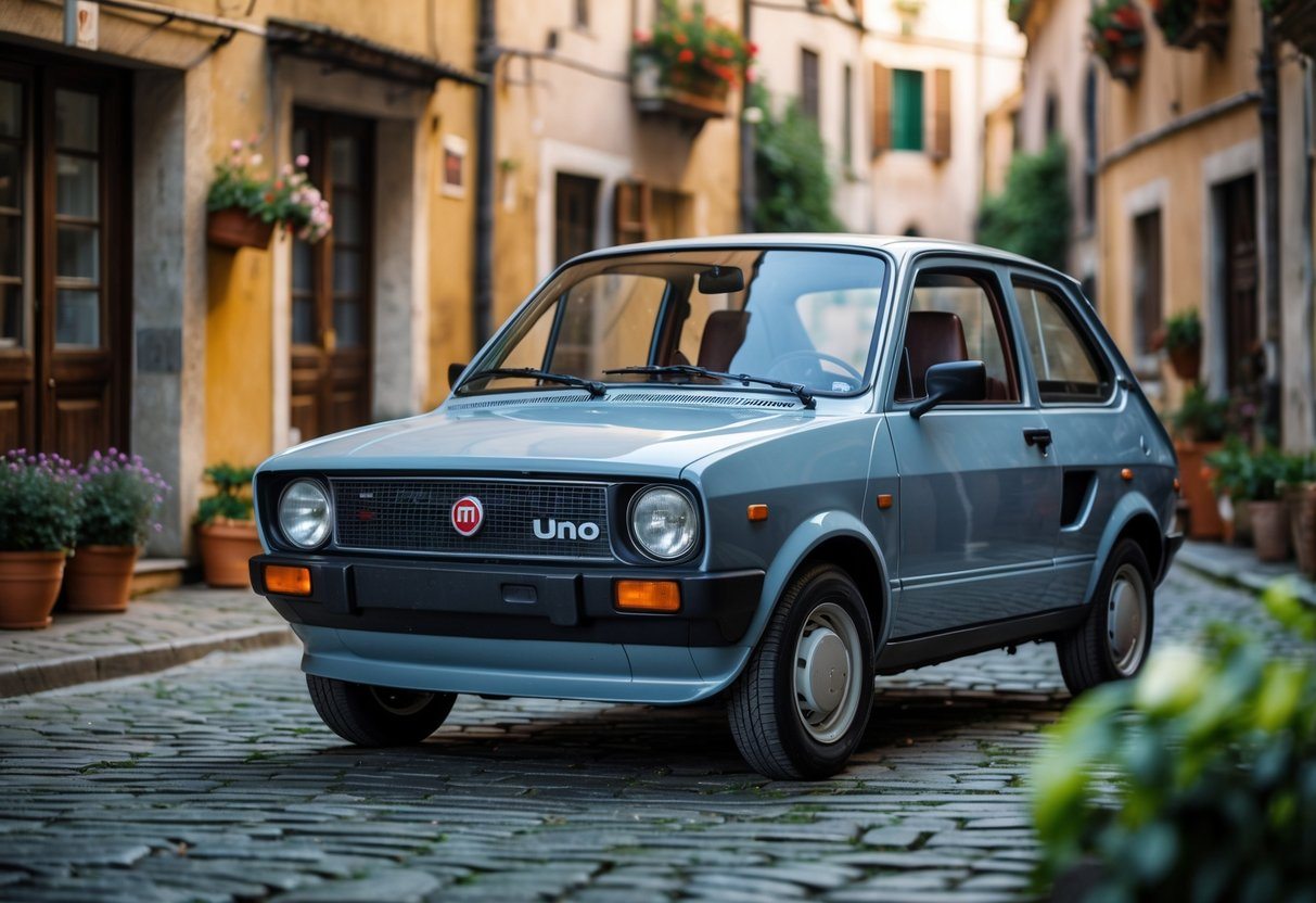 Um carro Fiat Uno clássico estacionado em uma rua de paralelepípedos em uma pequena cidade italiana, cercado por prédios antigos e flores nas janelas.