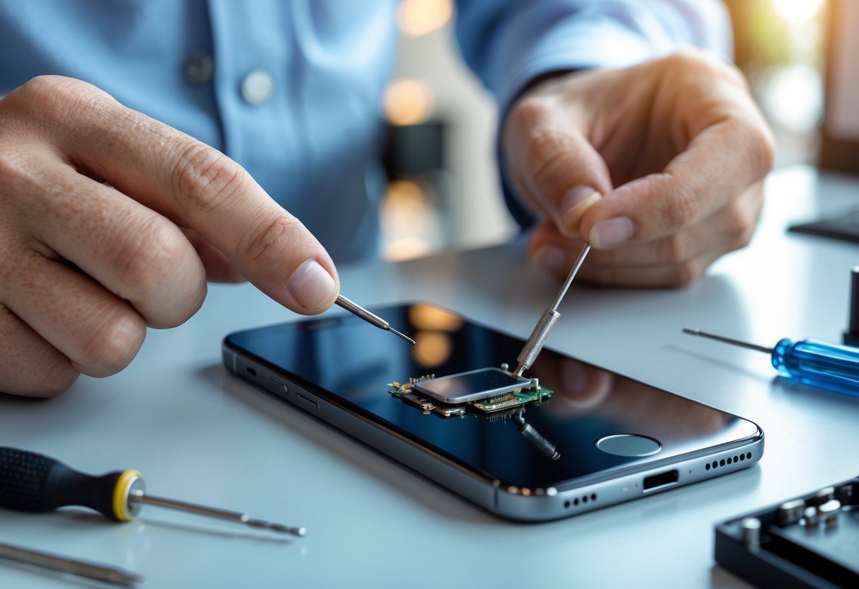 Mãos de um técnico reparando a antena de um celular em uma bancada de trabalho com ferramentas.
