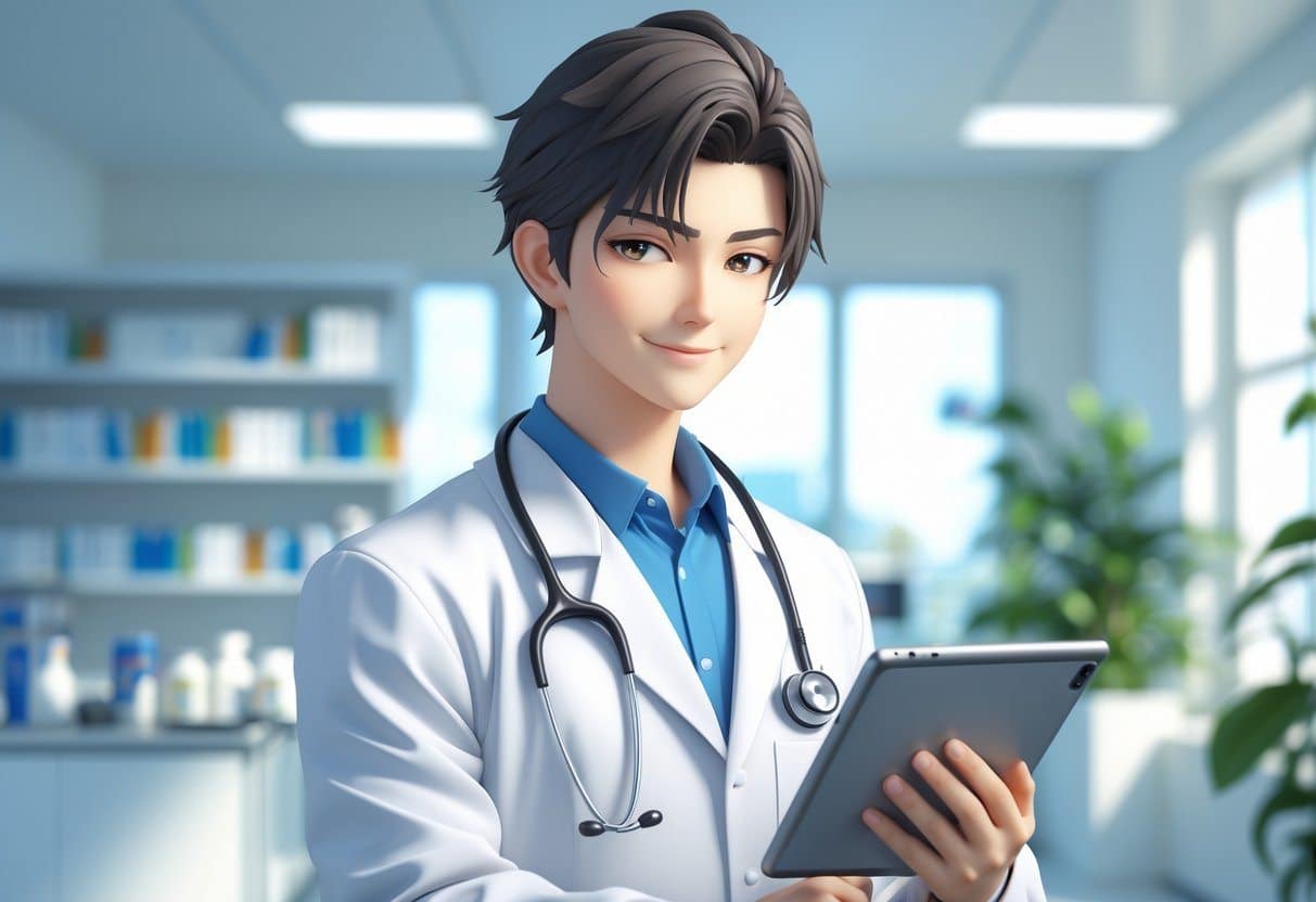 Médico sorridente em um consultório médico moderno, vestindo jaleco branco e segurando um tablet digital.