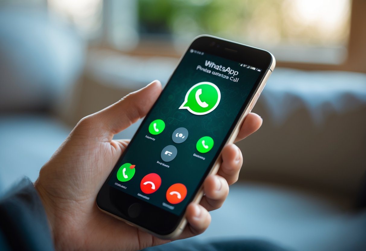 Pessoa segurando um smartphone com a tela do WhatsApp mostrando uma chamada de voz em andamento.