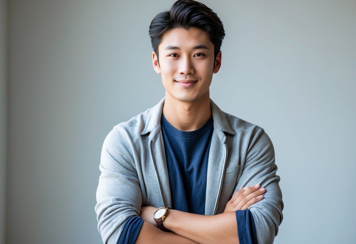 Um jovem asiático sorridente, vestindo roupa casual, posando de frente para a câmera em um fundo simples.