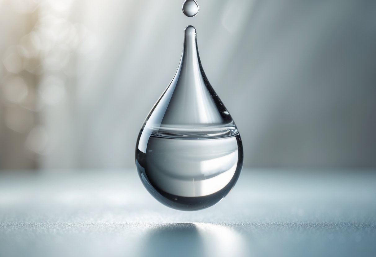 Uma gota de vidro transparente e indestrutível suspensa no ar com fundo desfocado.