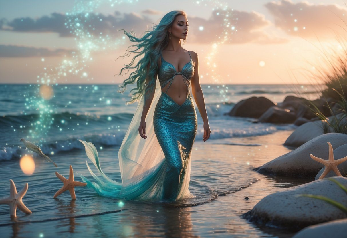 Mulher confiante em uma praia ao amanhecer, com cabelos longos e ondulados, vestindo tecido fluido, cercada por elementos do mar como conchas e algas, com ondas suaves ao redor.