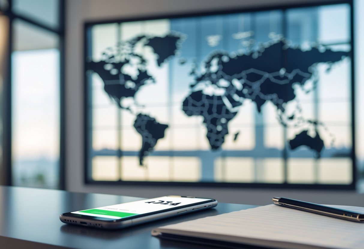 Ambiente de trabalho moderno com mapa-múndi ao fundo e um smartphone na mesa mostrando uma chamada com o código de país +234.
