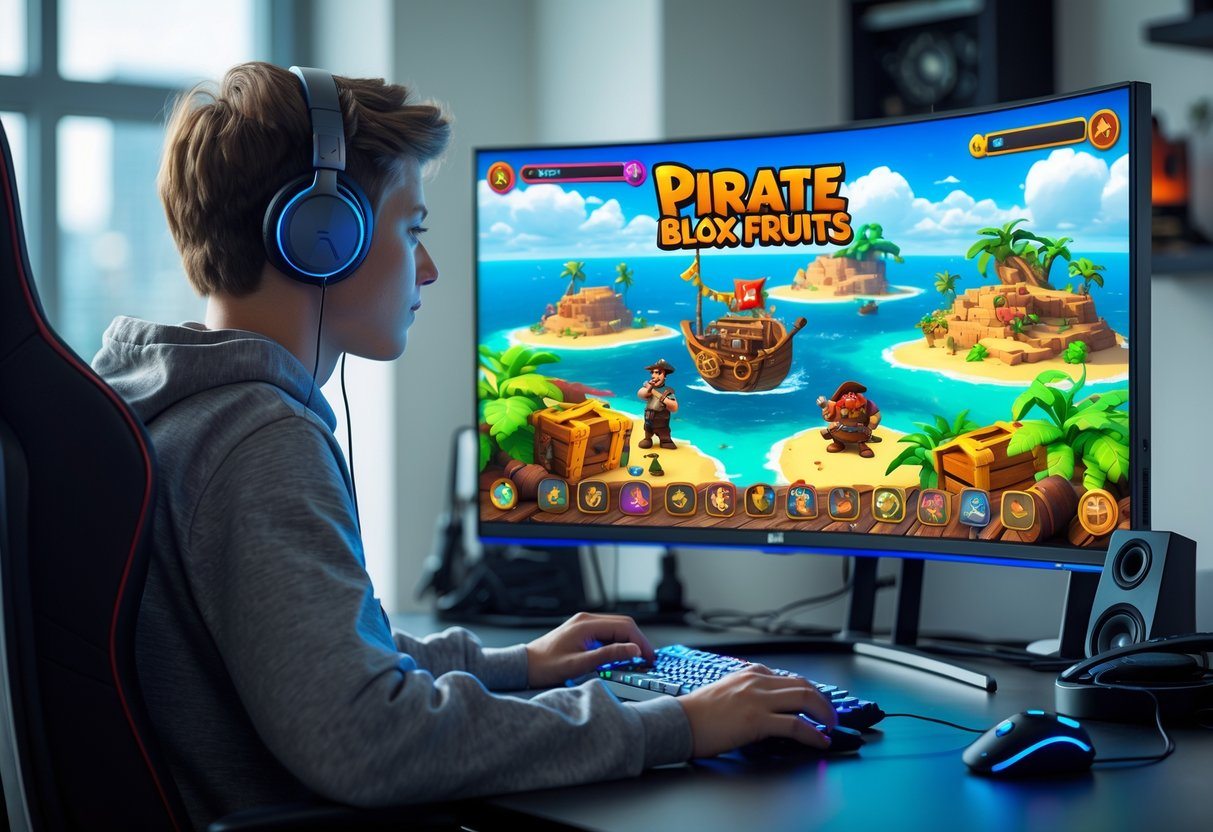 Pessoa jovem jogando videogame de piratas em um computador em um ambiente organizado.