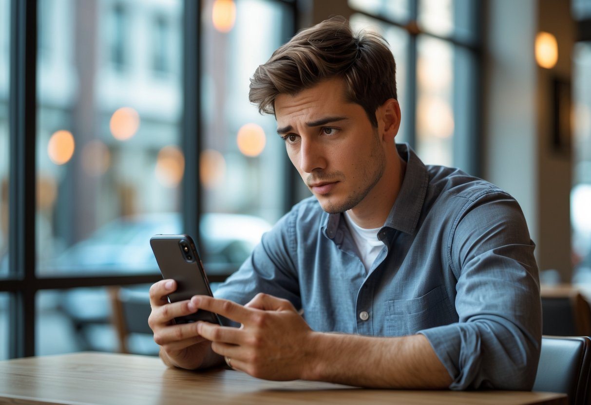 Um homem jovem sentado sozinho em uma mesa de café, olhando pensativo para o celular na mão.