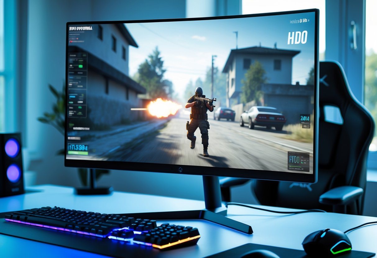 Setup de jogo com monitor mostrando jogo de tiro em primeira pessoa e contador de FPS, teclado e mouse em mesa organizada.