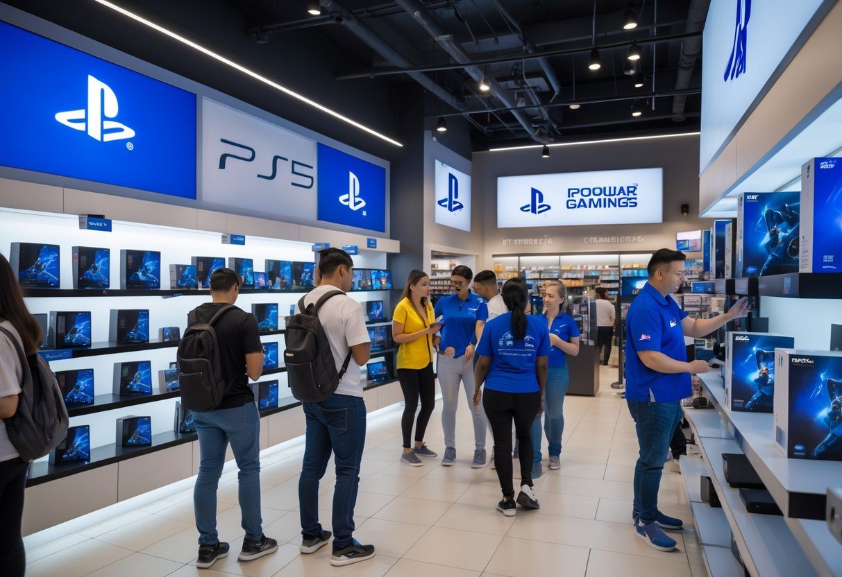 Loja de eletrônicos nos Estados Unidos com consoles PlayStation 5 expostos e clientes interagindo com funcionários.