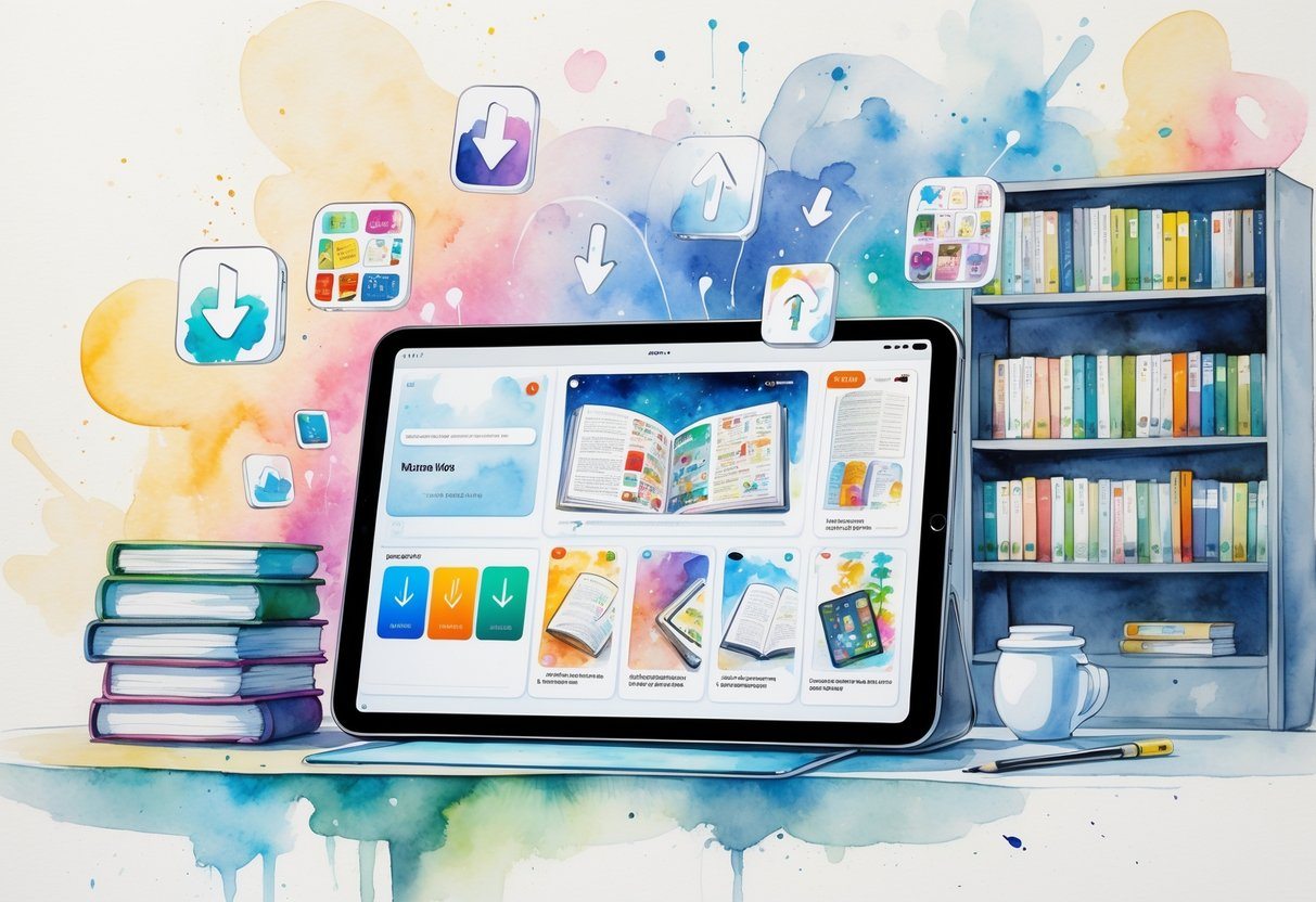 Uma mesa com um tablet mostrando páginas de mangá abertas, cercado por ícones flutuantes que representam download, organização e leitura, com uma estante de mangás ao fundo.