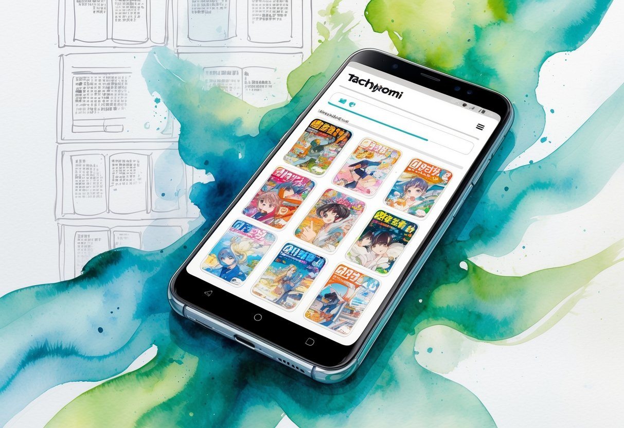 Um smartphone Android exibindo capas de mangá organizadas, com elementos de quadrinhos ao fundo e cores suaves ao redor.