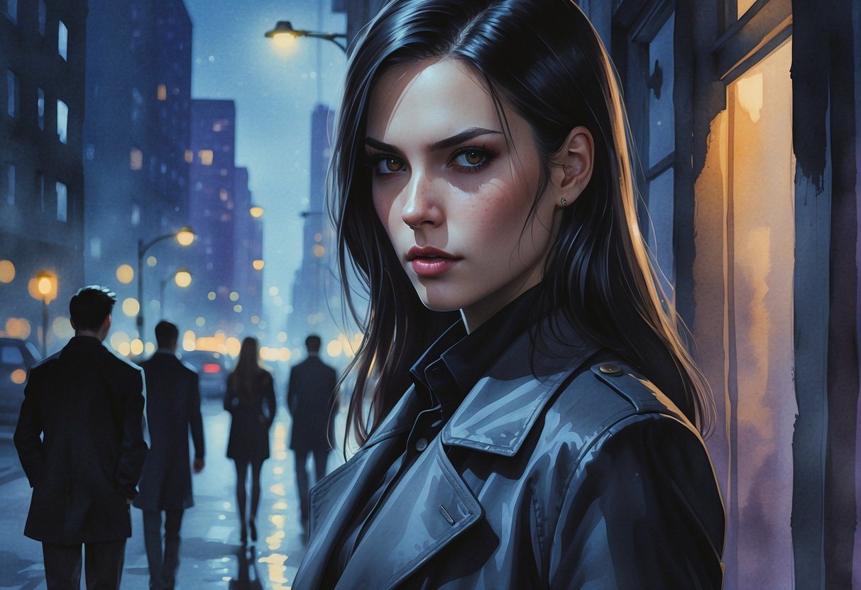 Uma mulher com olhar intenso em uma rua urbana ao anoitecer, cercada por luzes da cidade e sombras.