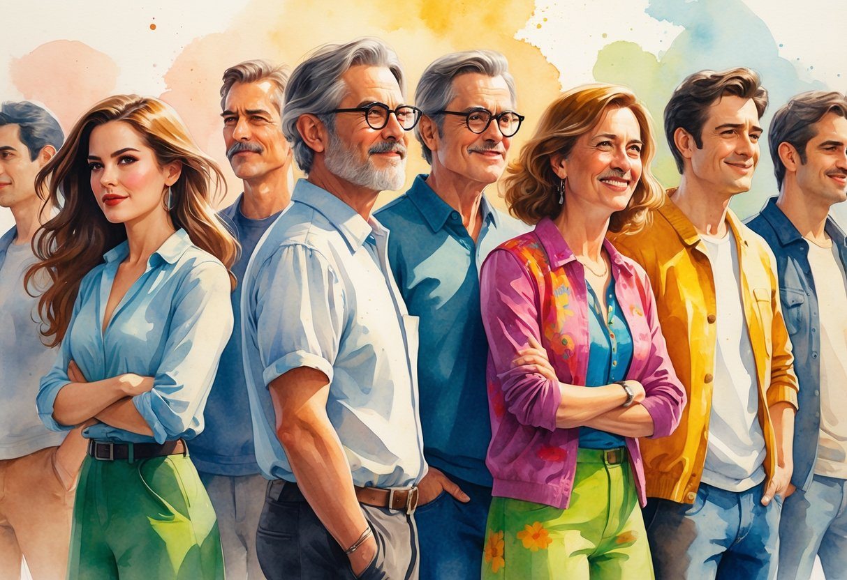Um grupo diversificado de pessoas reunidas, representando personagens principais de um filme, com expressões amigáveis e diferentes estilos de roupas.