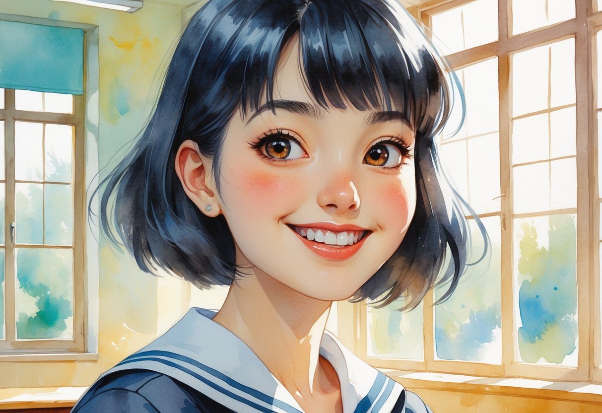 Uma jovem sorridente em uniforme escolar dentro de uma sala de aula iluminada pelo sol.