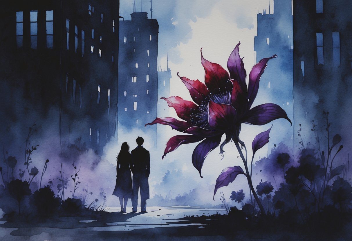 Uma flor grande e parcialmente murcha em primeiro plano, com duas figuras entrelaçadas ao fundo em uma cidade ao entardecer.