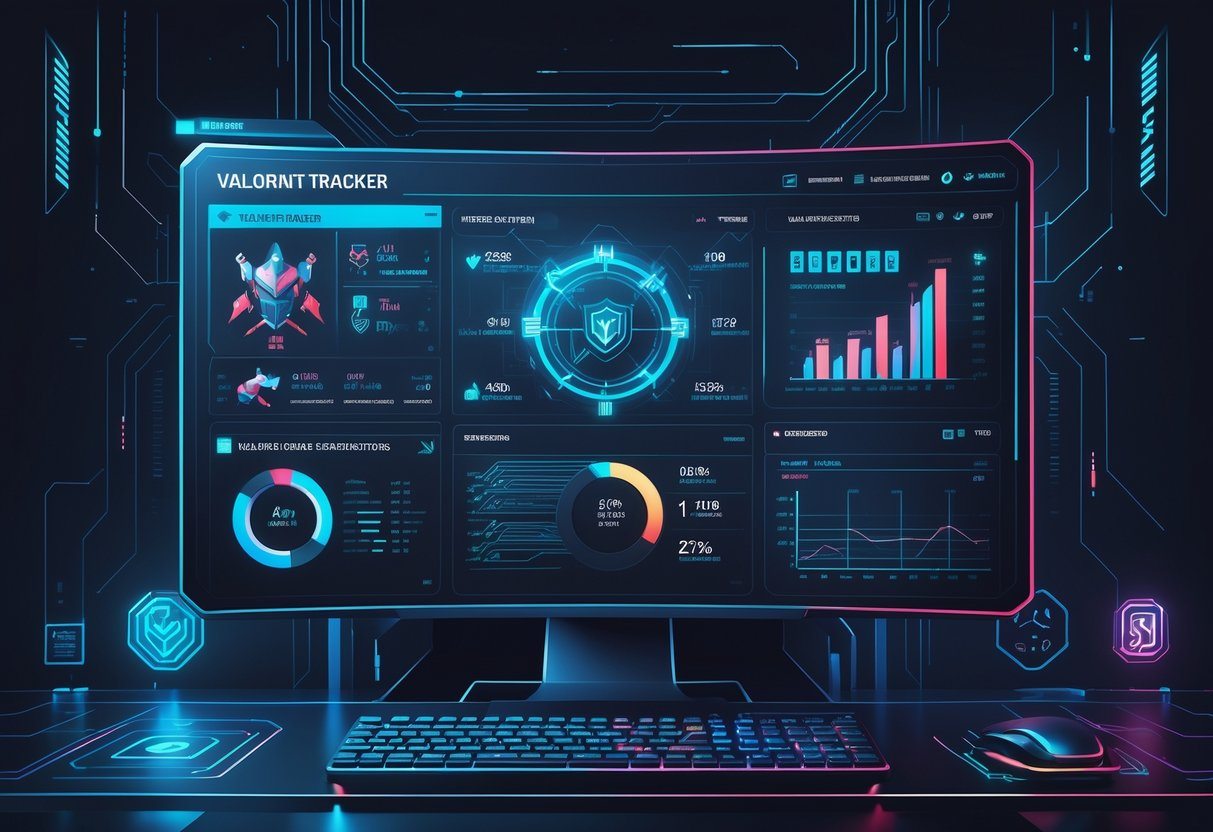 Interface digital futurista mostrando estatísticas e gráficos relacionados ao jogo Valorant em um ambiente de alta tecnologia.