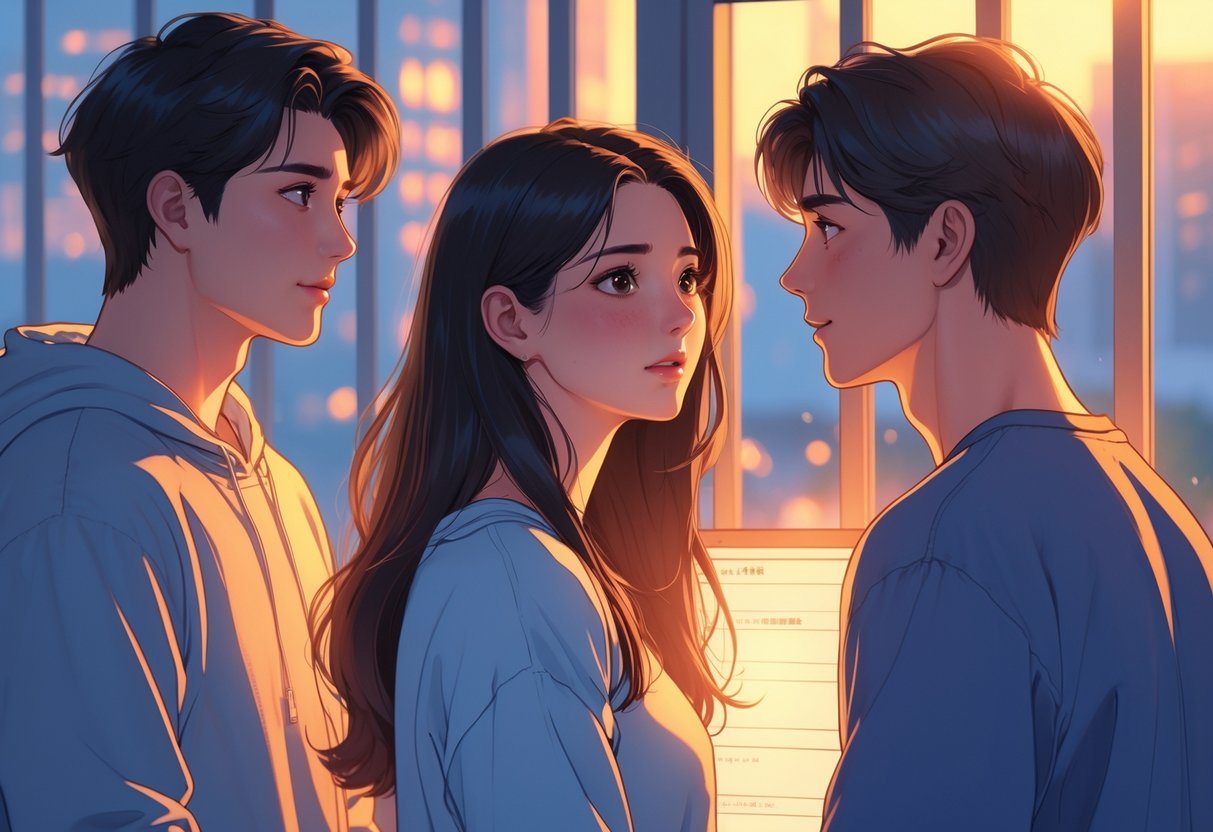 Uma mulher jovem está entre dois homens em um ambiente urbano ao pôr do sol, mostrando uma cena de decisão emocional.